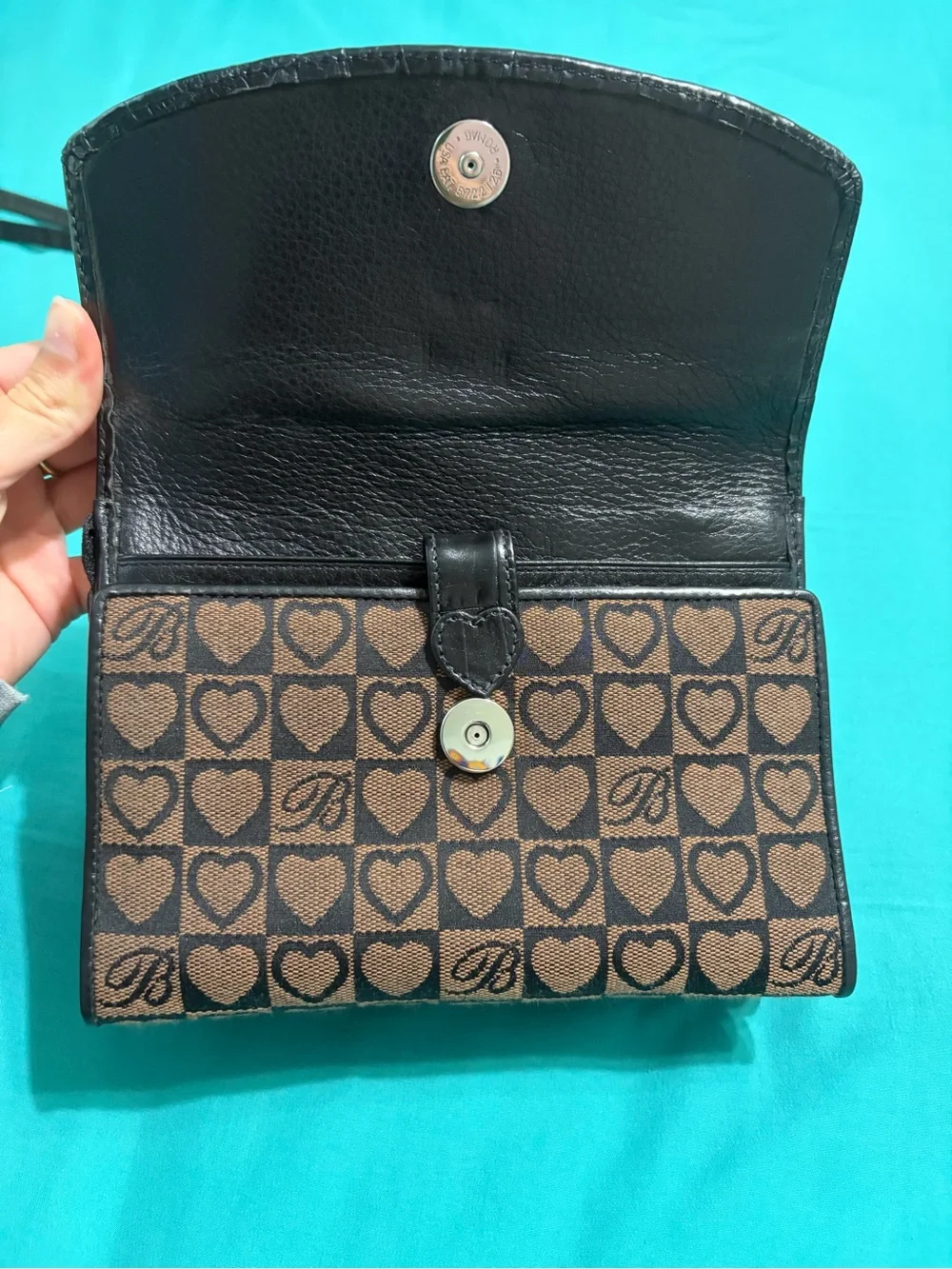Brighton Brown & Black Heart Jacquard and Leather Crossbody Organizer Bag